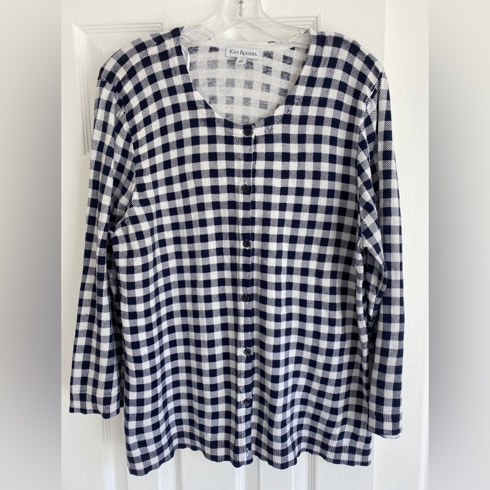 Kim Rogers Navy & White Checkered Long Sleeve Button Up Cardigan